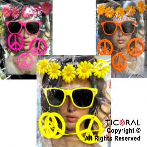 SET DISFRAZ VINCHA FLORES ANTEOJOS FLUO CON ARITOS Y COLLAR SIMBOLO DE LA PAZ FLUO x 1